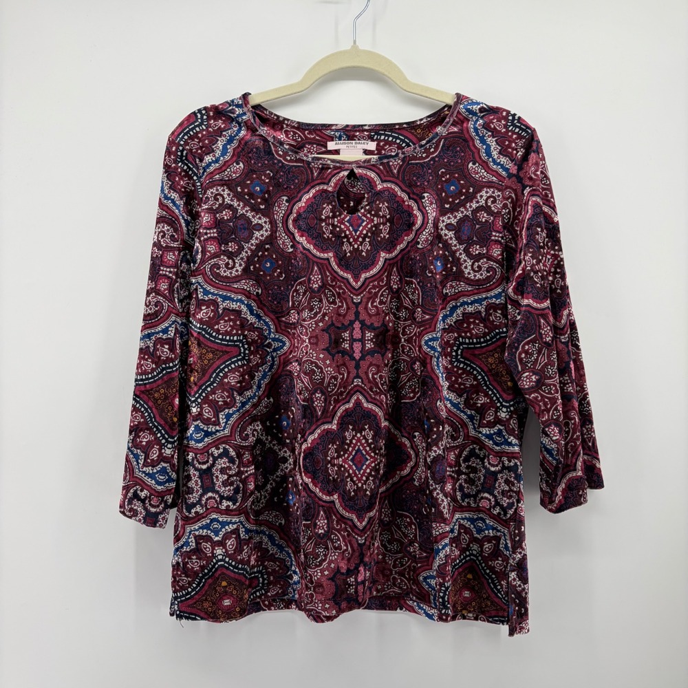 Allison Daley Womens PL Burgundy Paisley Knit Top 3/4 Sleeve Keyhole Neck